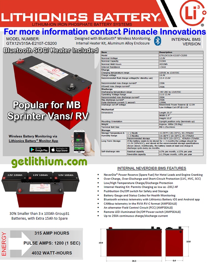 Lithionics GTX 315 Amp hour high capacity deep cycle and engine starting lithium-ion battery: light weight, super safe, powerful and compact lithium ion battery