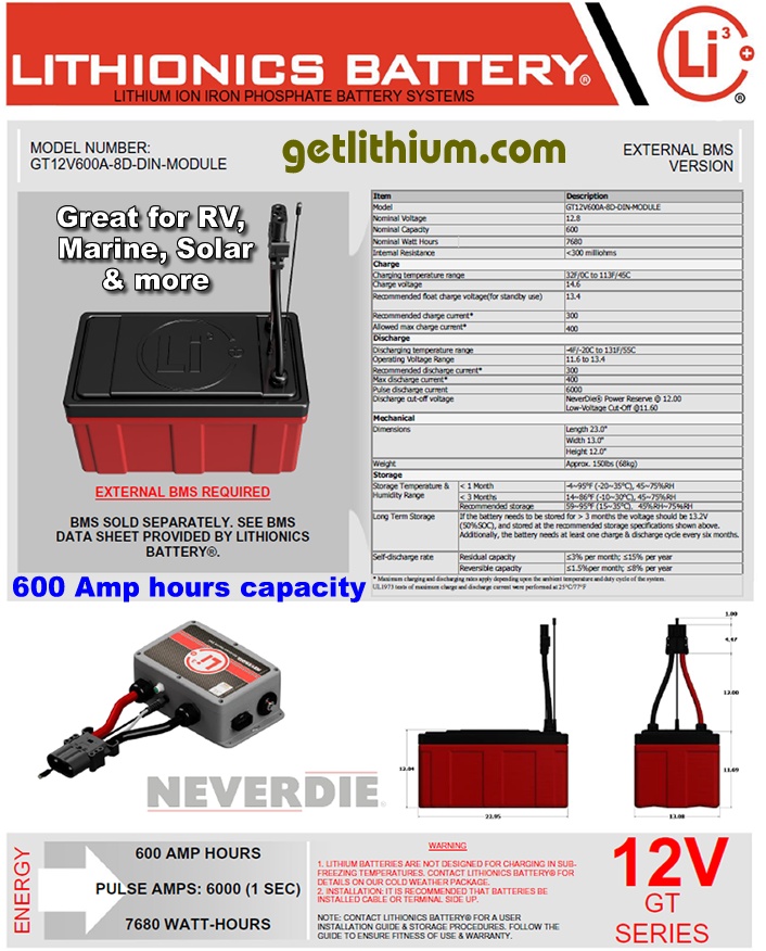 Click here for a larger Lithionics Battery 12 Volt lithium-ion deep cycle battery spec sheet