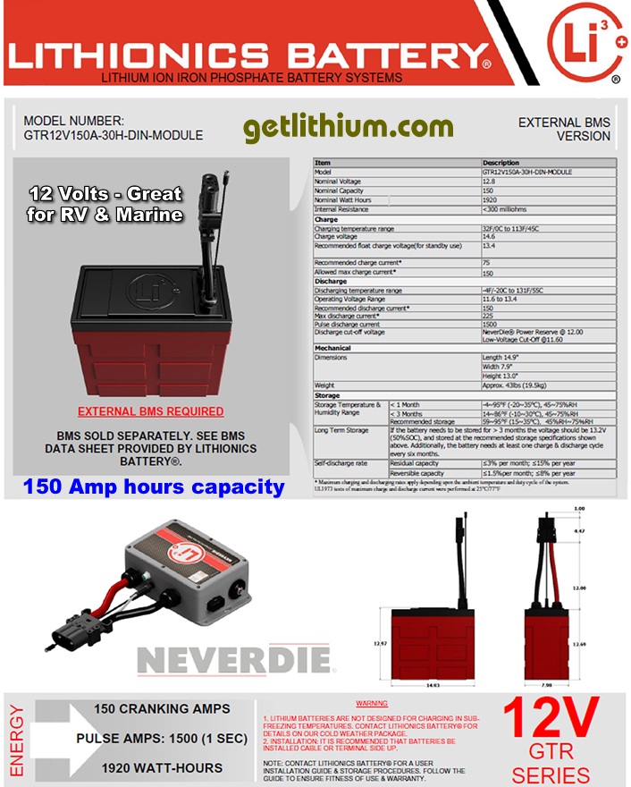 Lithionics Battery high performance 12 Volt 150 Amp hour lithium-ion battery