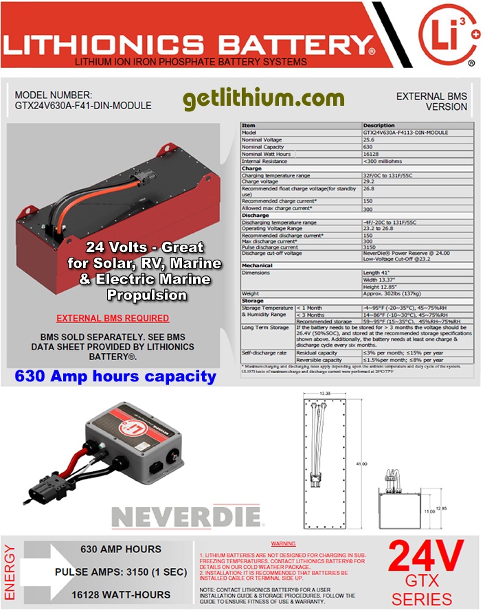 630 Amp hour GTX Series 24 Volt deep cycle and engine starting lithium-ion battery with built-in BMS: light weight, super safe, powerful and compact lithium ion battery