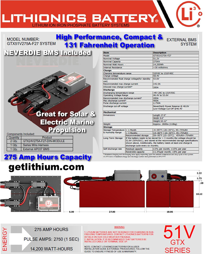 Lithionics Battery GTX Series 51 Volt 275 Amp hour lithium-ion battery system with BMS 
