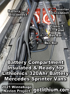 Lithionics battery compartment insulated with high K value Dynaliner sheet insulation and components installed