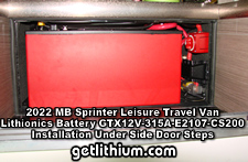 The new Lithionics 320 Amp hour lithium-ion RV battery mounted under the side door step