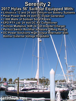 56 foot Hylas sailboat equipped with Lithionics 12 and 24 Volt lithium battery systems, Polar Power 24 Volt Dc generator, Solbian solar panels and more